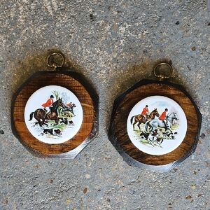 Equestrian HUNT SCENE Wall Plaques with Ceramic On Wood. COLLECTOR 6"x .75"